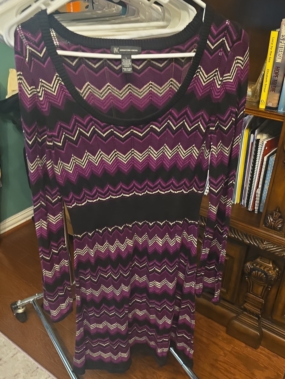 INC International Concepts Purple and Black Chevron Long-Sleeve Tunic Dress